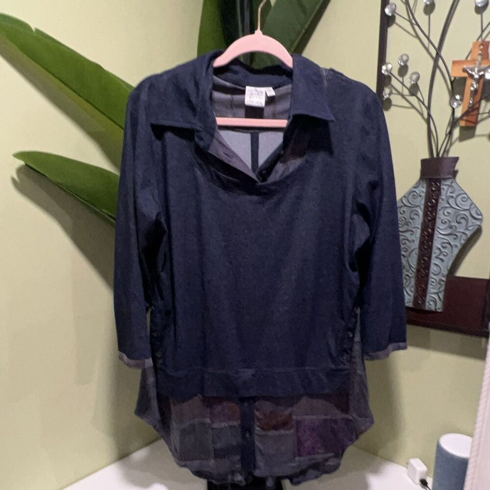 Parsley & Sage Tunic Top Shirt L Navy Blue Layered Patchwork 3/4 Sleeve Button